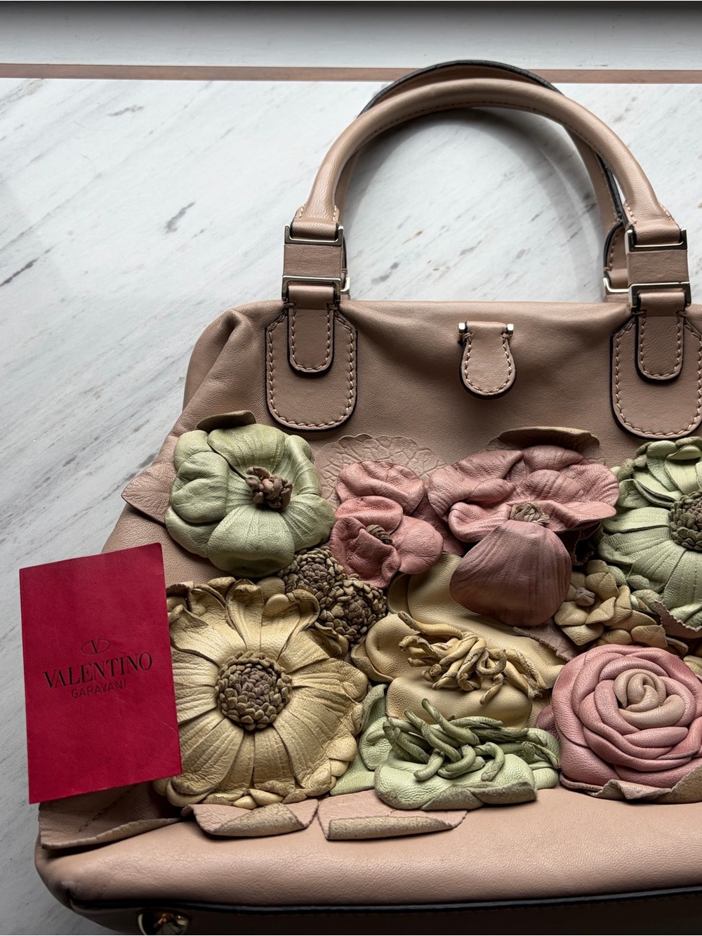 Valentino Garavani Primavera Blush Leather Satchel Pastel Floral Appliqués
